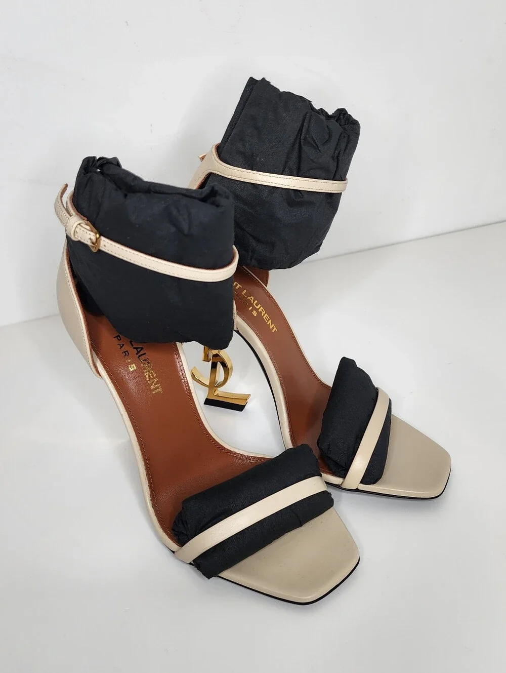 Saint Laurent Opyum 110 Leather Logo-Heel Sandals In Beige Size 35 - Picture 6 of 10